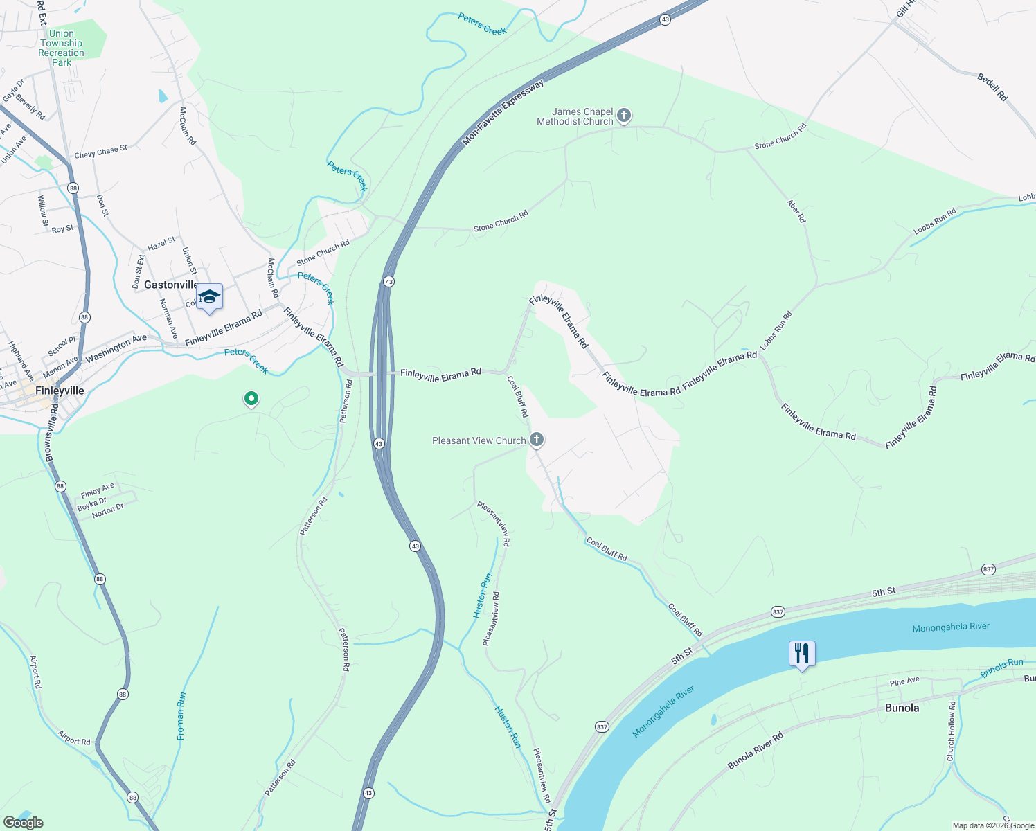 map of restaurants, bars, coffee shops, grocery stores, and more near 206 Coal Bluff Road in Finleyville