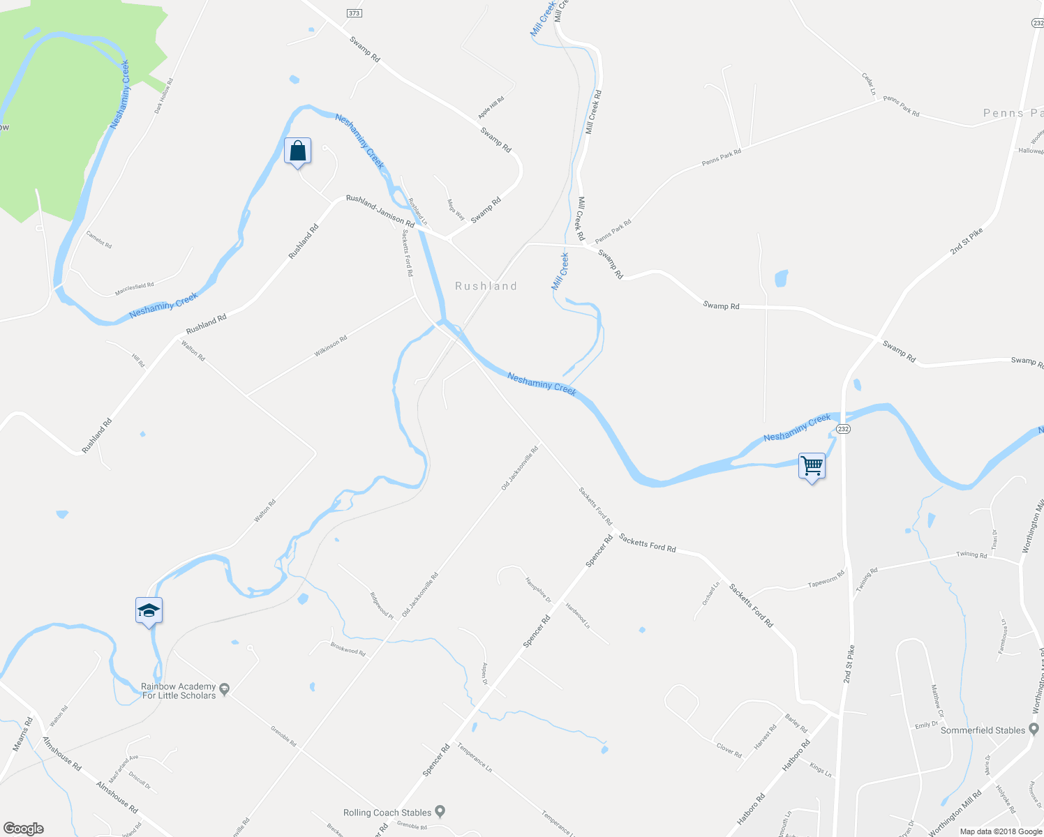 map of restaurants, bars, coffee shops, grocery stores, and more near 1147 Sacketts Ford Road in Warminster