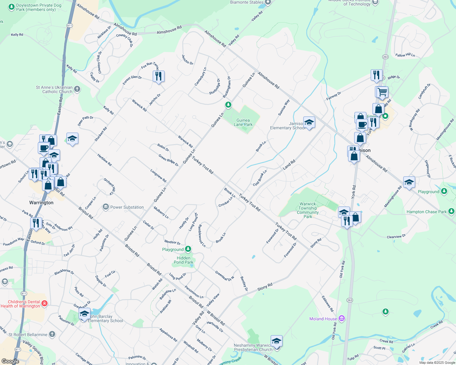 map of restaurants, bars, coffee shops, grocery stores, and more near 1872 Brook Lane in Jamison