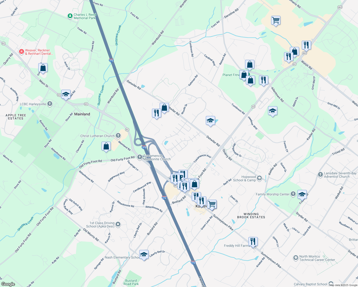 map of restaurants, bars, coffee shops, grocery stores, and more near 75 Wood Hollow Drive in Harleysville
