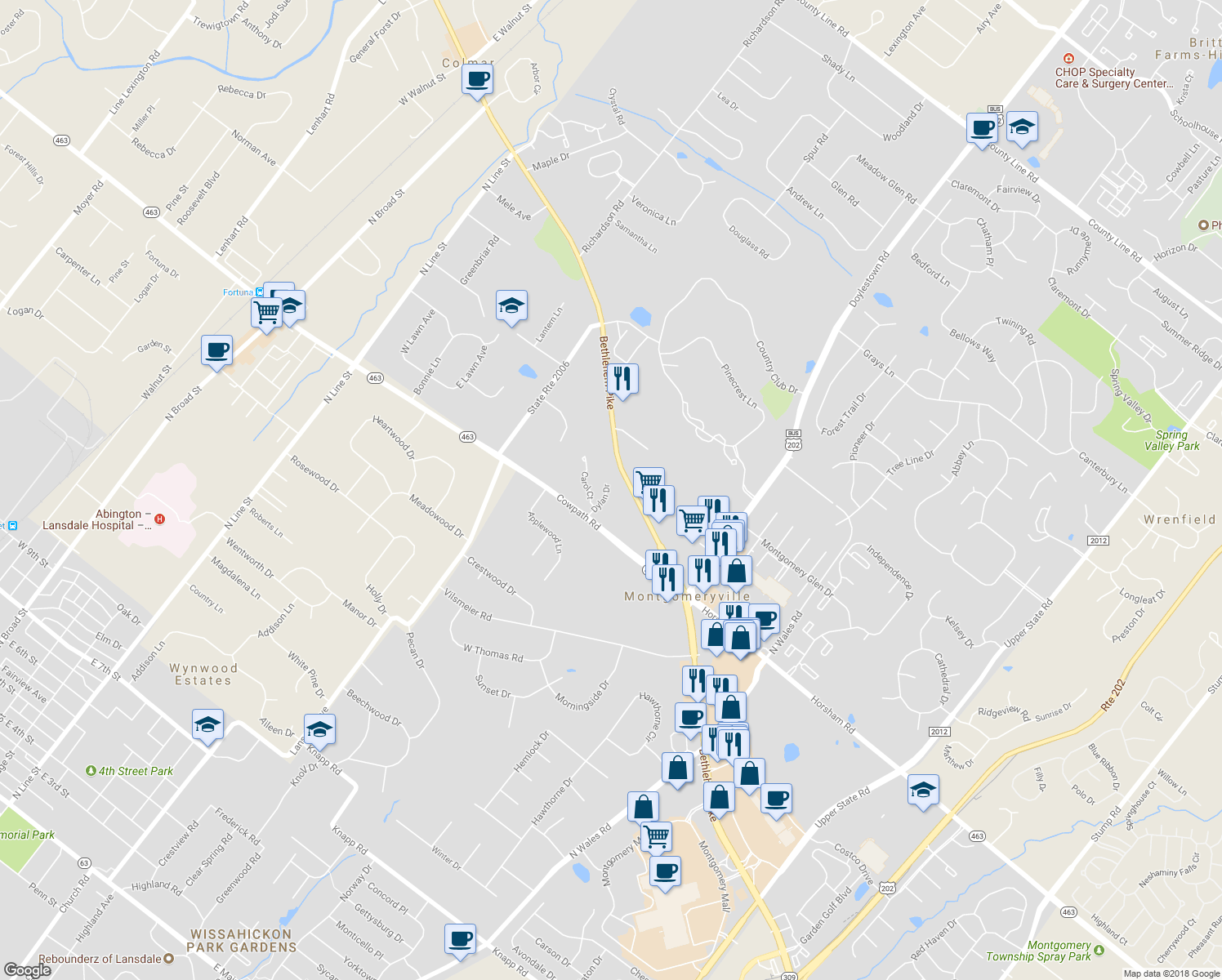 map of restaurants, bars, coffee shops, grocery stores, and more near 404 Dylan Drive in Lansdale
