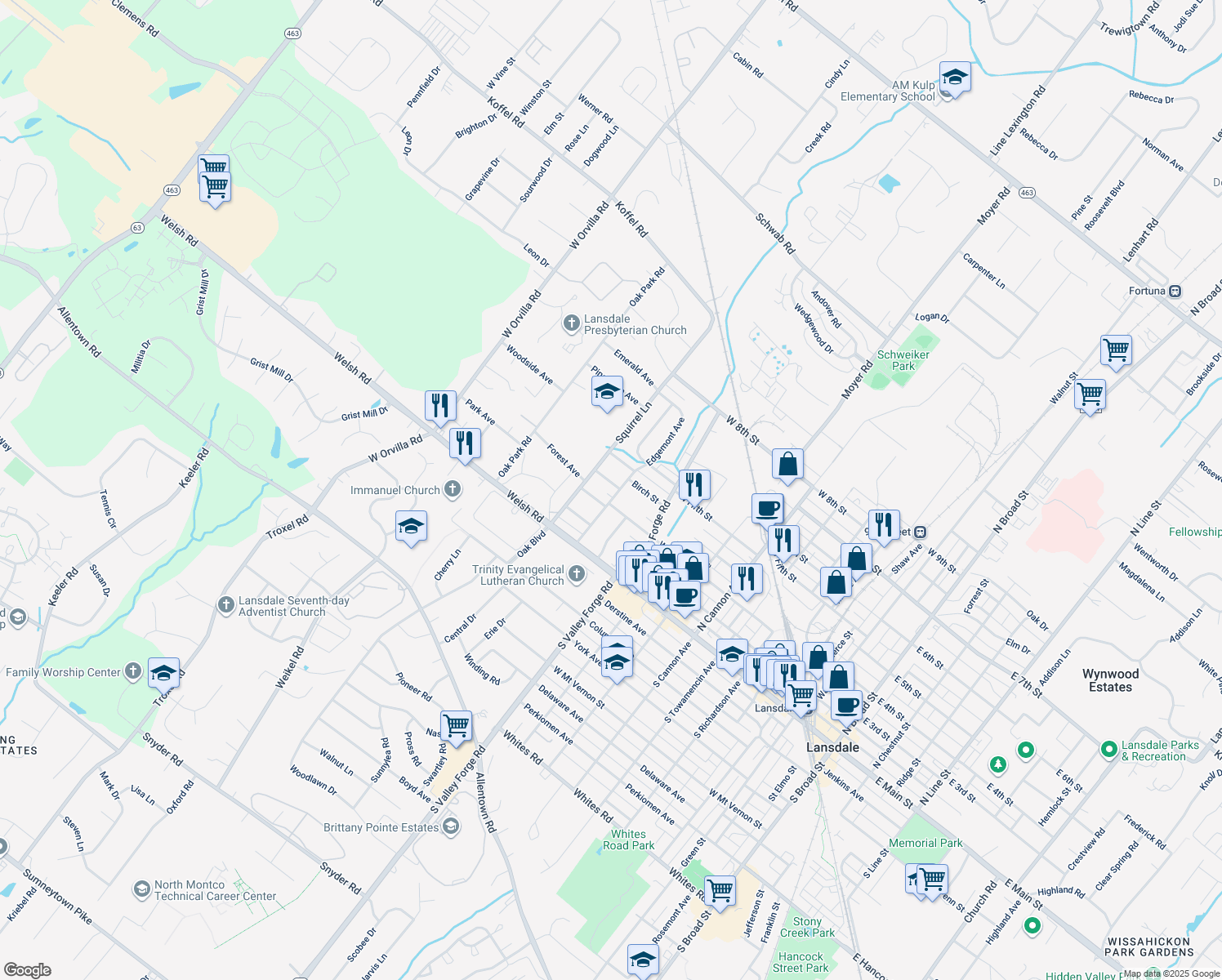map of restaurants, bars, coffee shops, grocery stores, and more near 1106 Elm Avenue in Lansdale