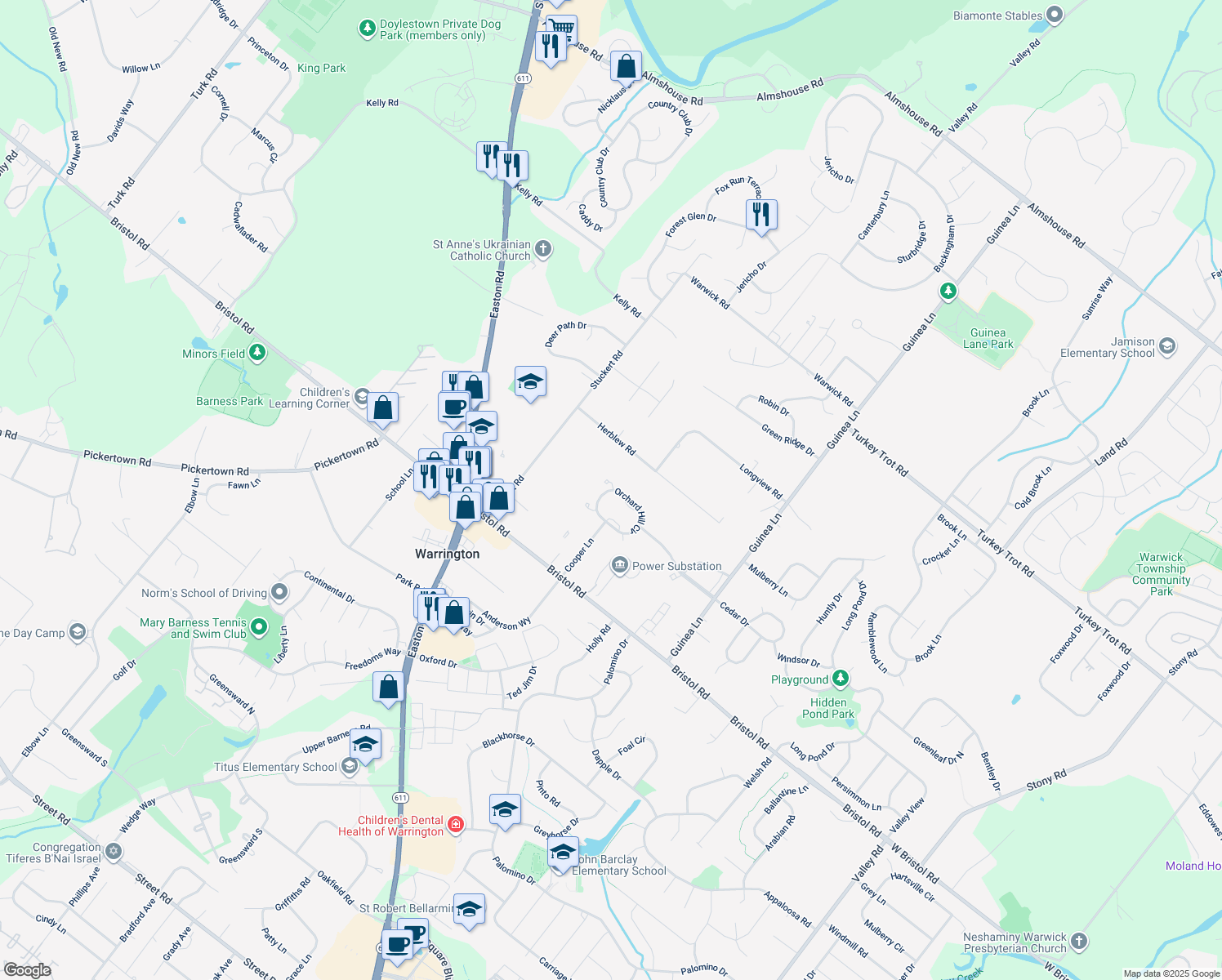 map of restaurants, bars, coffee shops, grocery stores, and more near 2271 Orchard Hill Circle in Warrington