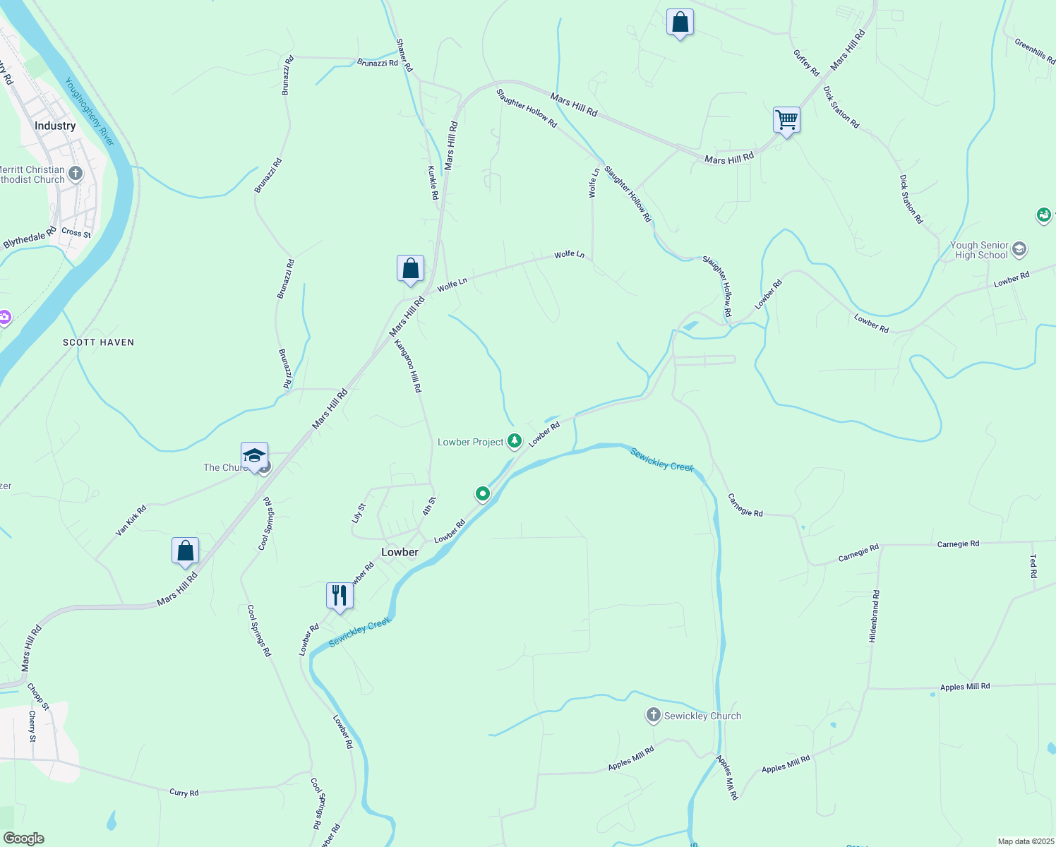 map of restaurants, bars, coffee shops, grocery stores, and more near 112 Neffs Lane in Lowber