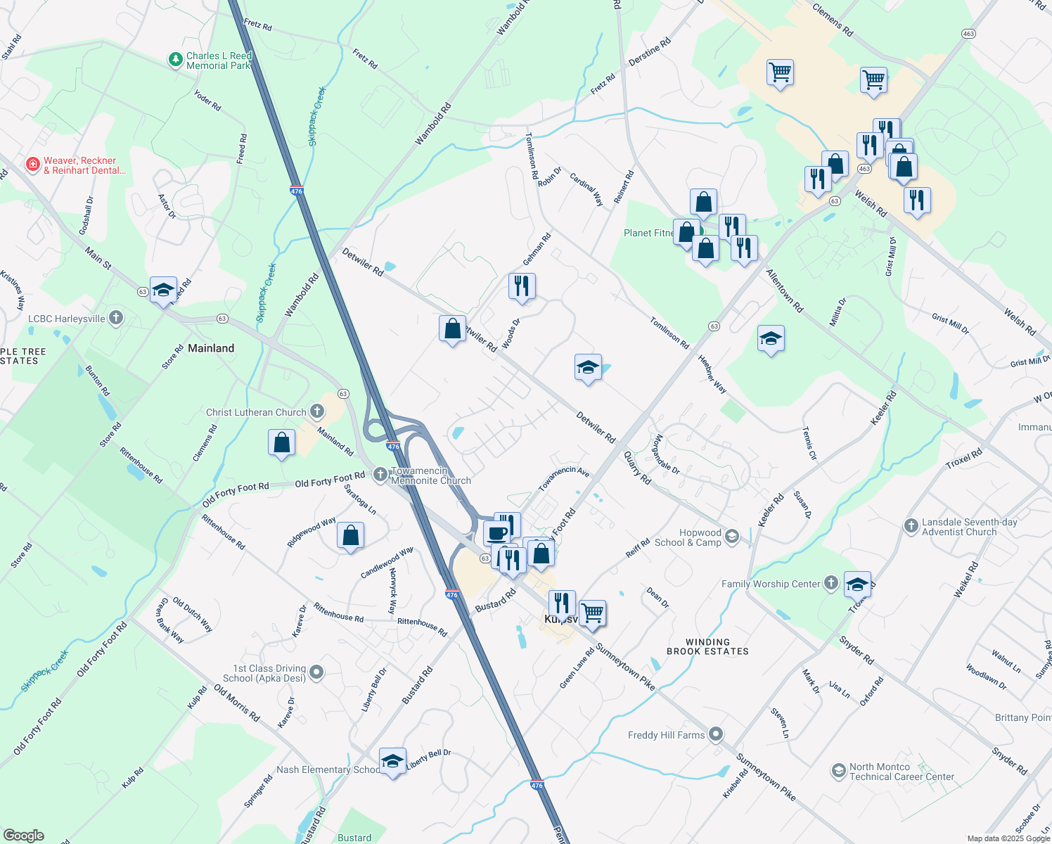 map of restaurants, bars, coffee shops, grocery stores, and more near 11 Black Cherry Court West in Harleysville