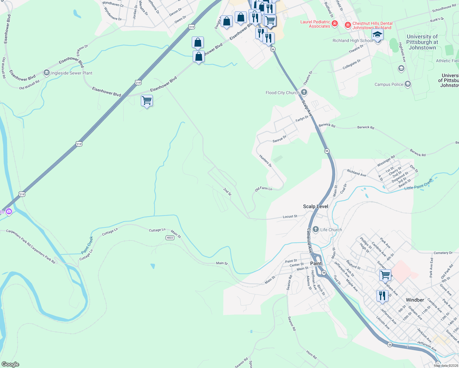 map of restaurants, bars, coffee shops, grocery stores, and more near 525 1st Street in Windber