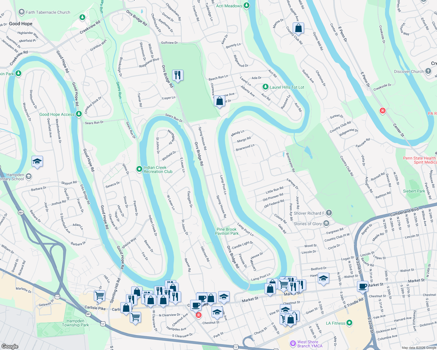 map of restaurants, bars, coffee shops, grocery stores, and more near 439 Lamp Post Lane in Camp Hill