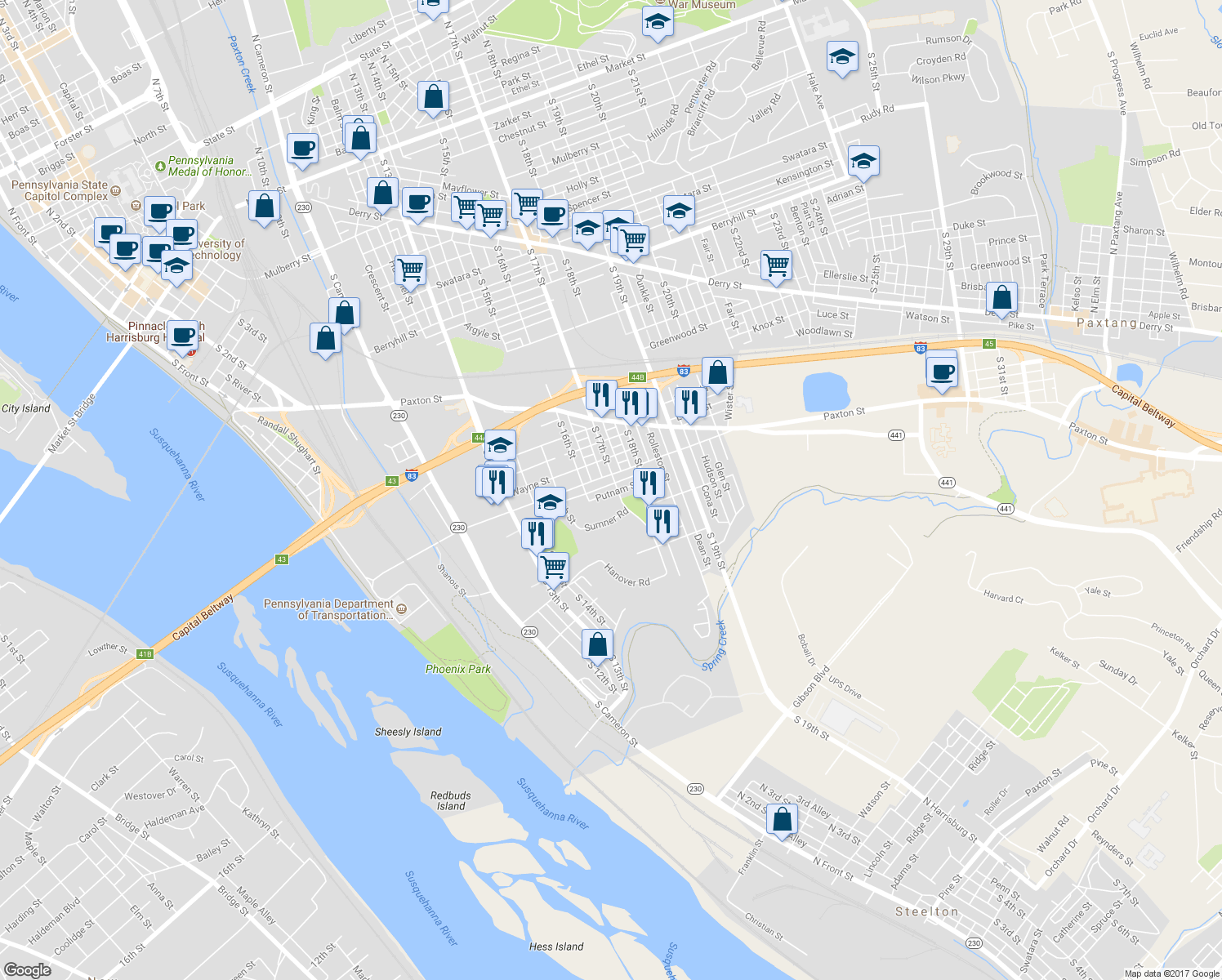 map of restaurants, bars, coffee shops, grocery stores, and more near 1116 South 17th Street in Harrisburg