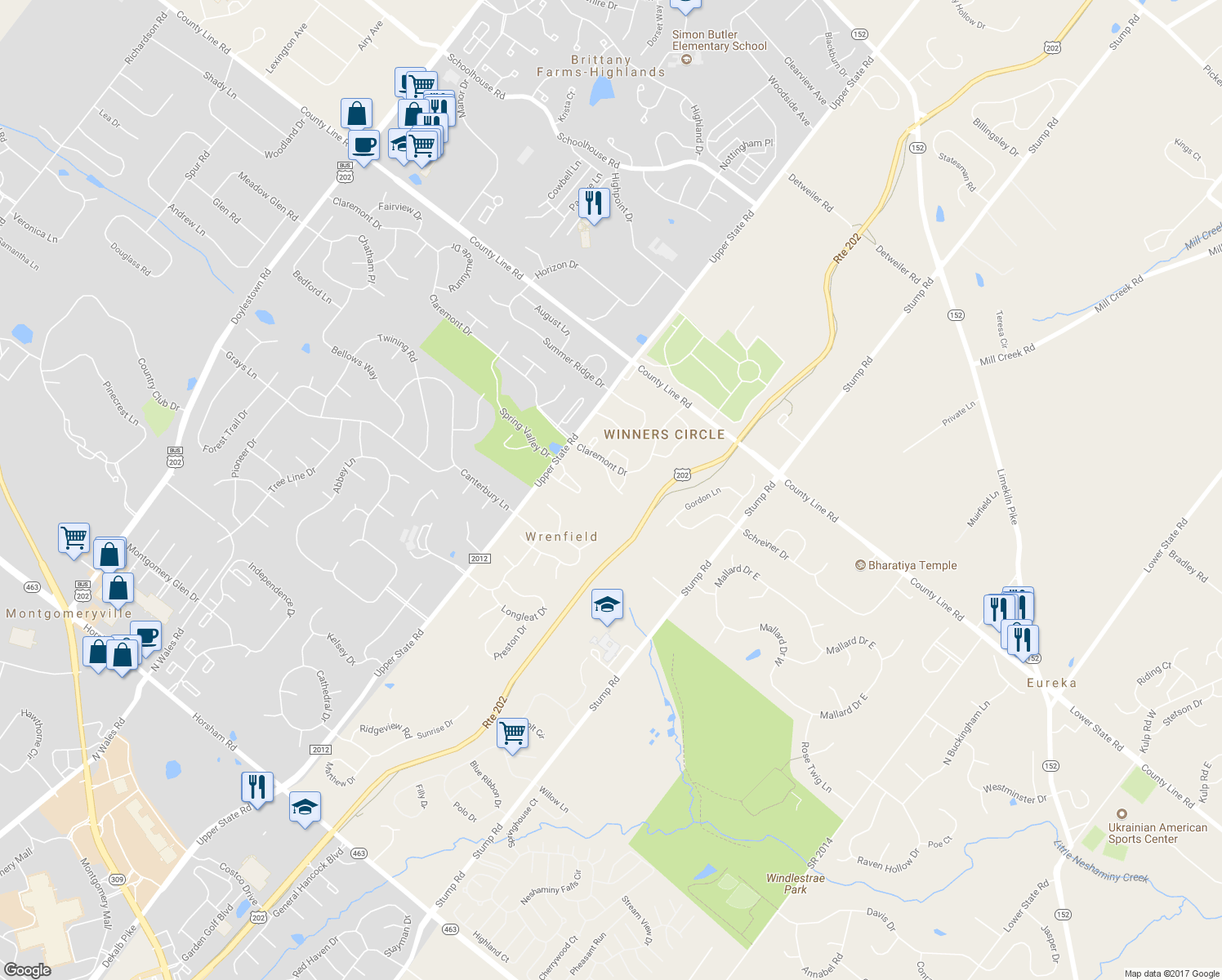 map of restaurants, bars, coffee shops, grocery stores, and more near 404 Pimlico Way in North Wales