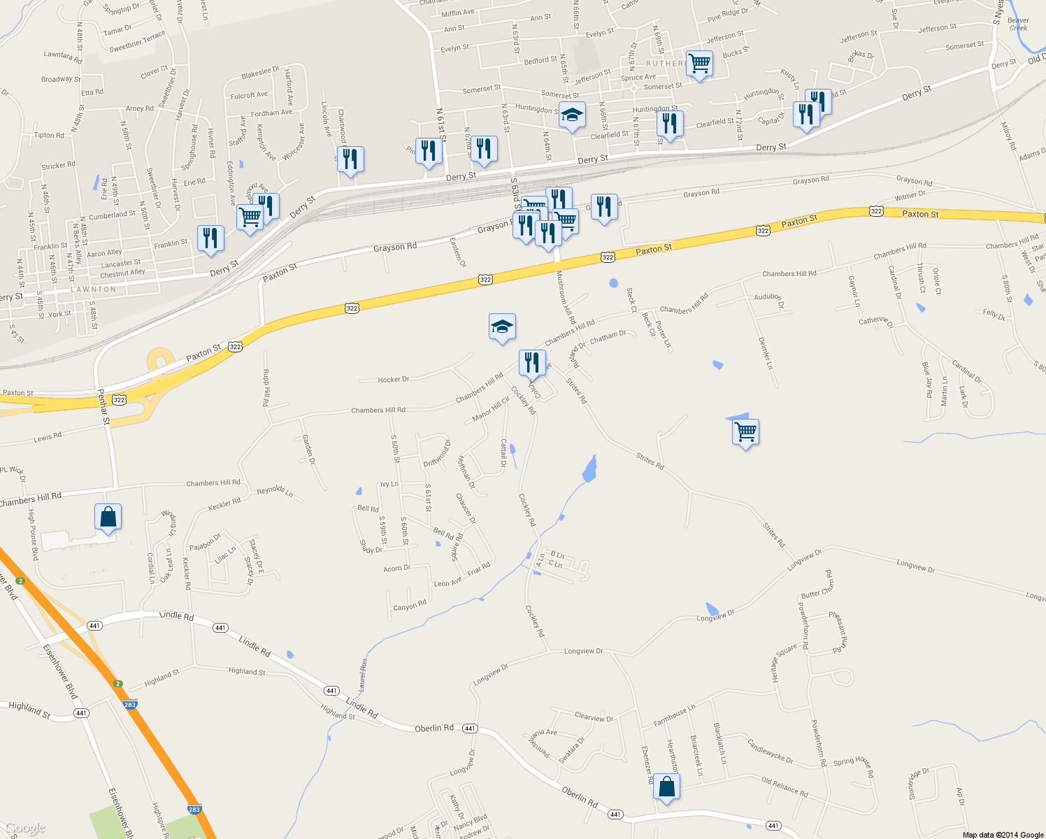 map of restaurants, bars, coffee shops, grocery stores, and more near 585 Cockley Rd in Harrisburg