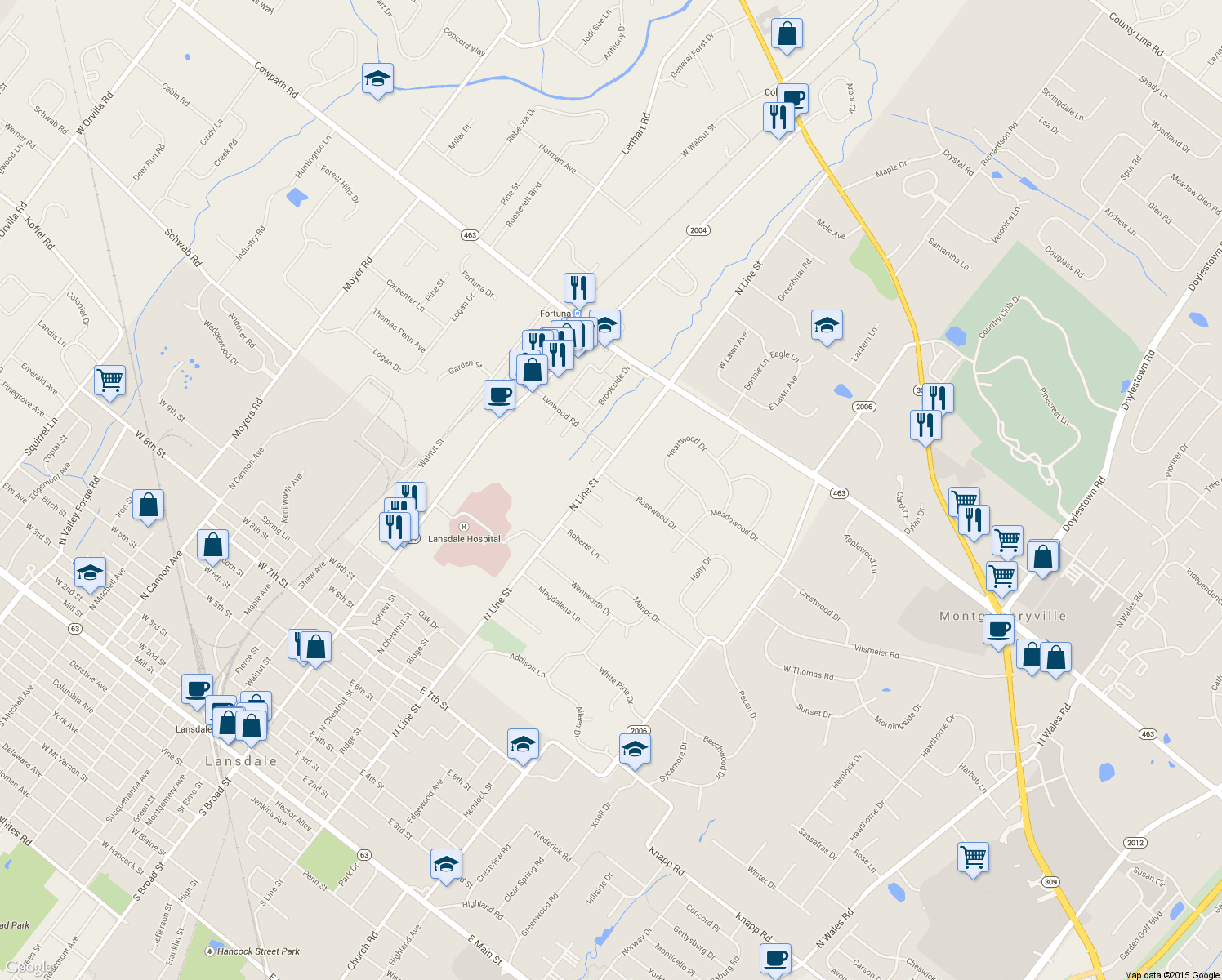 map of restaurants, bars, coffee shops, grocery stores, and more near 127 Rosewood Dr in Lansdale