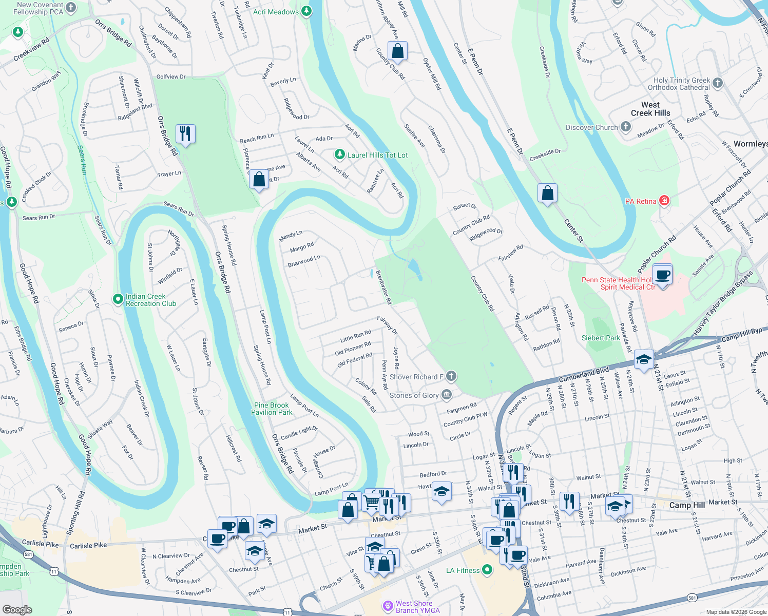 map of restaurants, bars, coffee shops, grocery stores, and more near 610 Brentwater Road in Camp Hill
