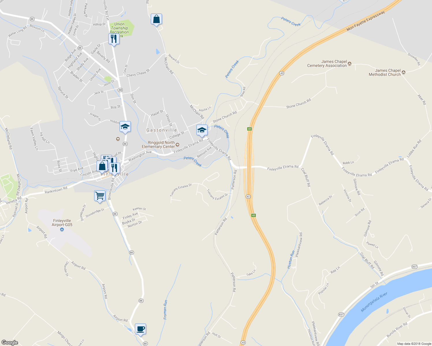 map of restaurants, bars, coffee shops, grocery stores, and more near 137 Viareggio Way in Finleyville