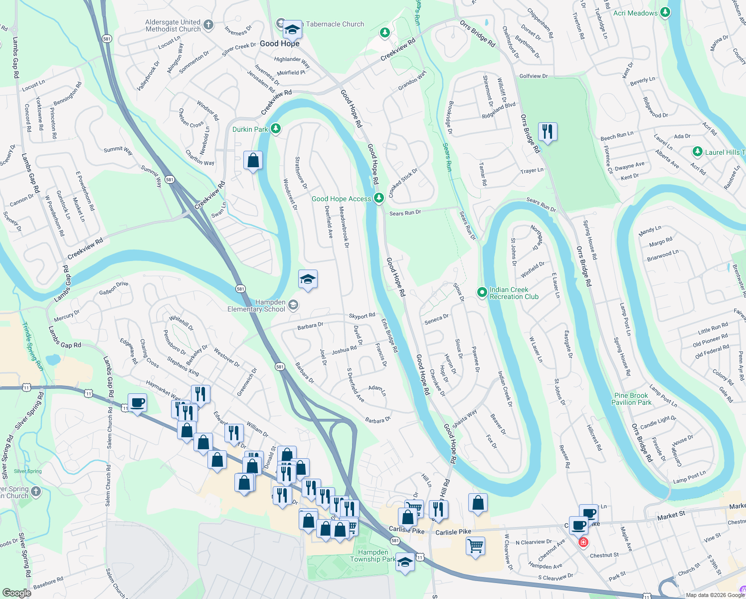 map of restaurants, bars, coffee shops, grocery stores, and more near 5207 Terrace Rd in Mechanicsburg