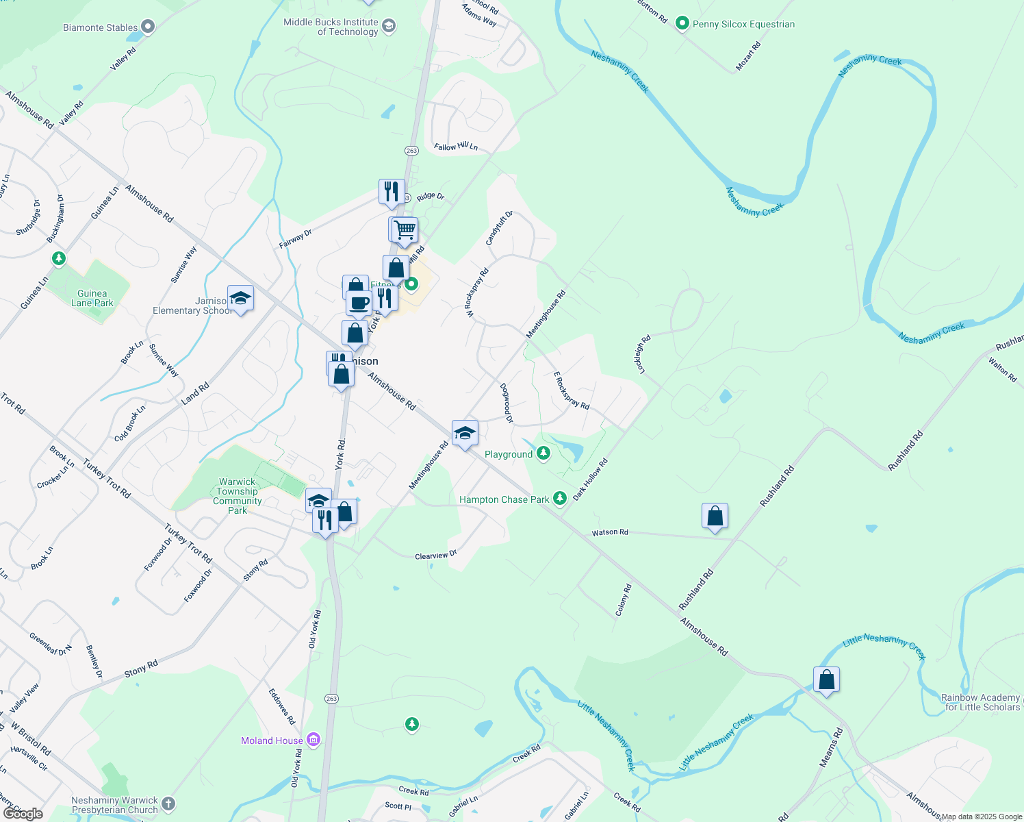 map of restaurants, bars, coffee shops, grocery stores, and more near 2311 Iris Court in Jamison