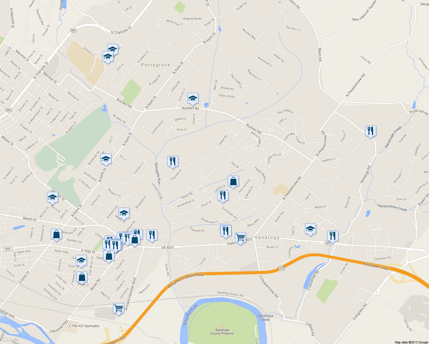 map of restaurants, bars, coffee shops, grocery stores, and more near 1122 Kepler Road in Pottstown