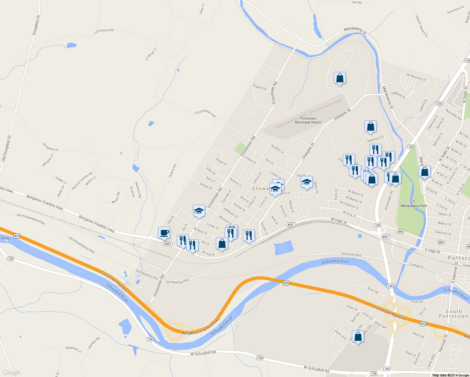 map of restaurants, bars, coffee shops, grocery stores, and more near 414 Fairview Street in Pottstown