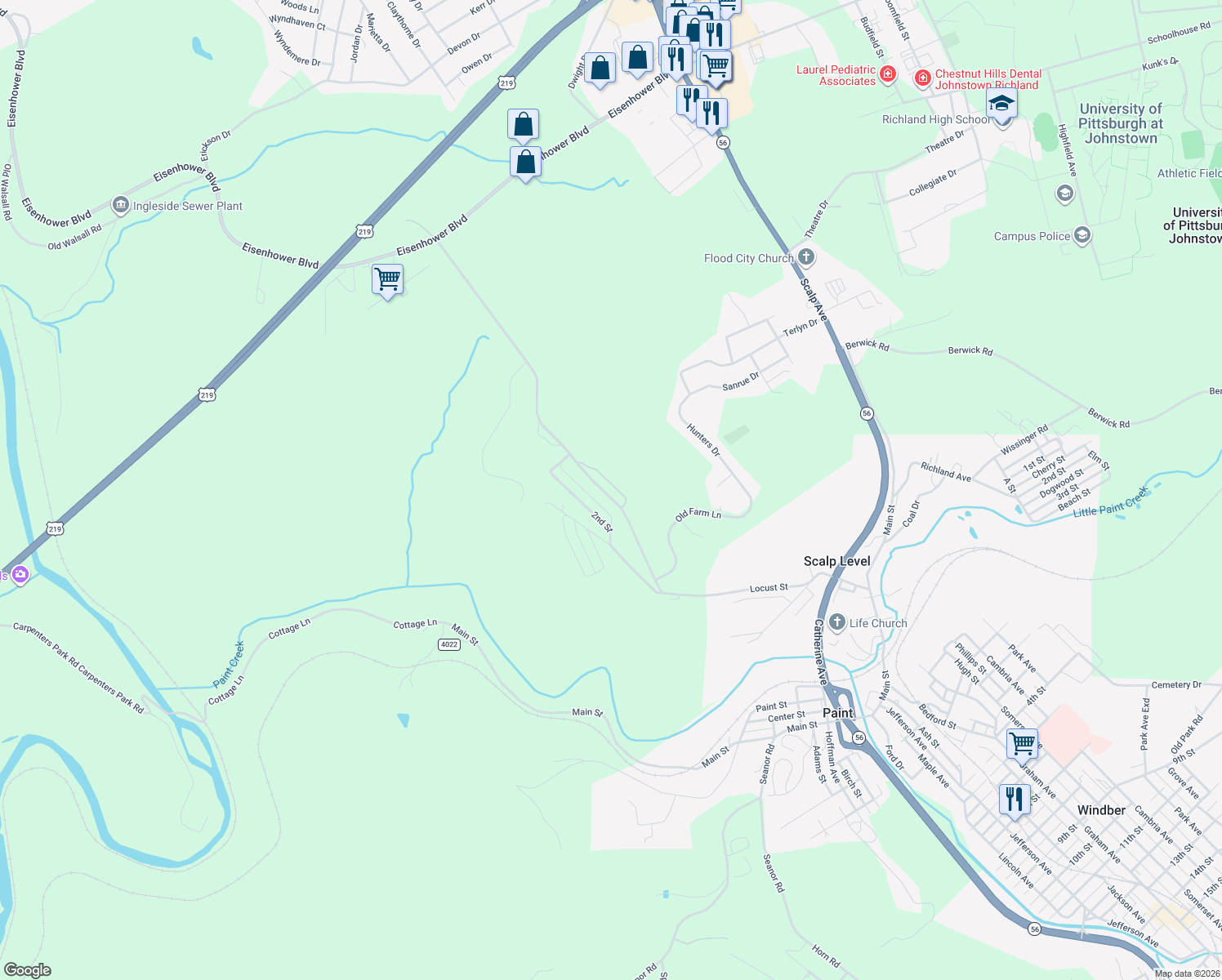 map of restaurants, bars, coffee shops, grocery stores, and more near 525 1st Street in Windber