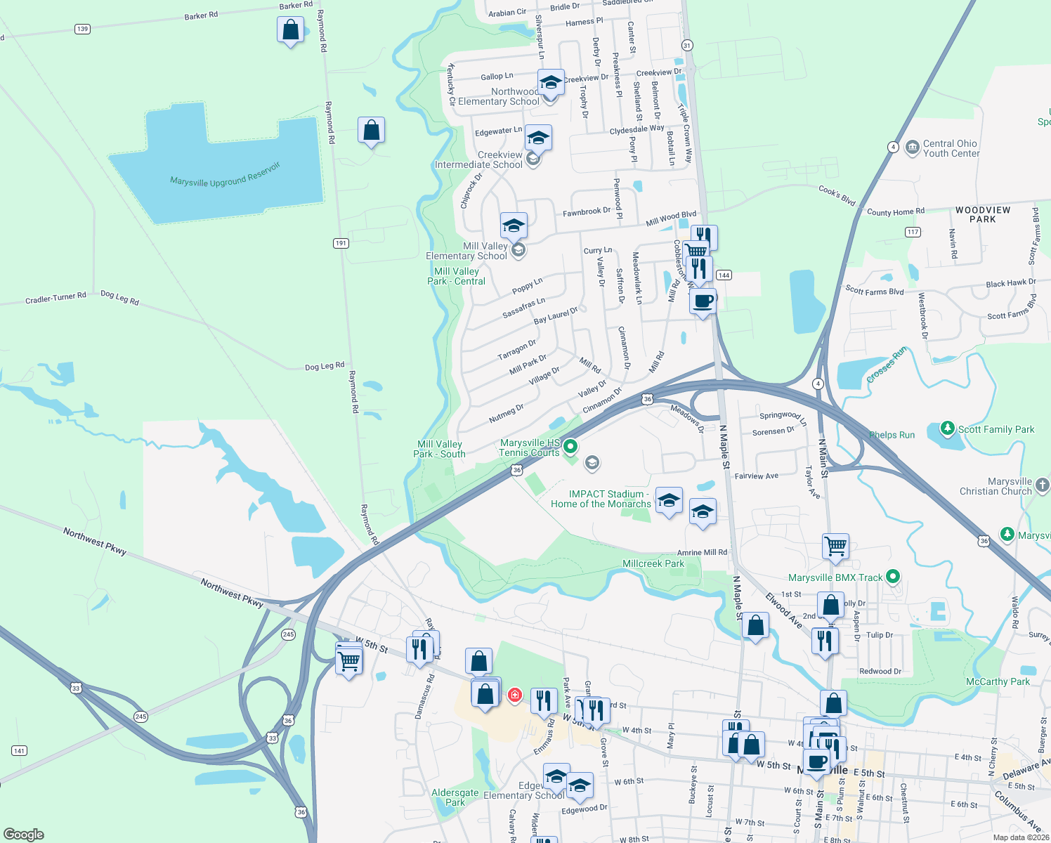 map of restaurants, bars, coffee shops, grocery stores, and more near 1204 Valley Drive in Marysville