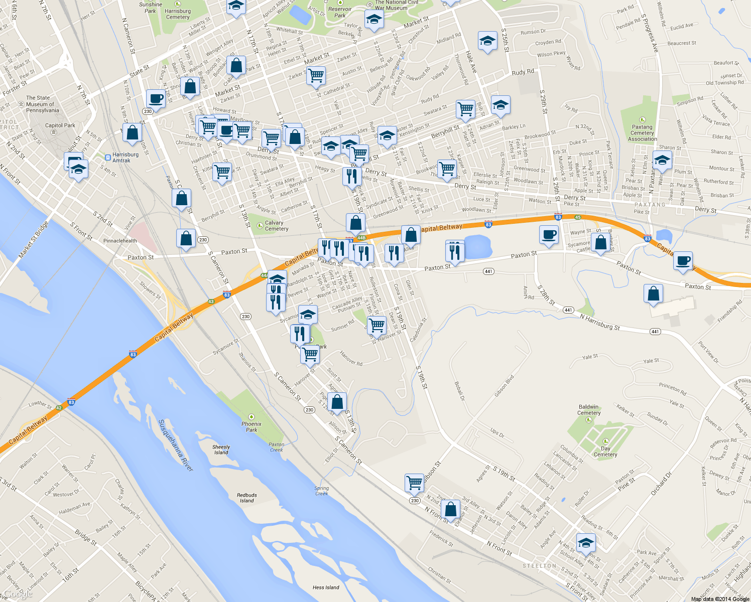 map of restaurants, bars, coffee shops, grocery stores, and more near 1128 Rolleston Street in Harrisburg