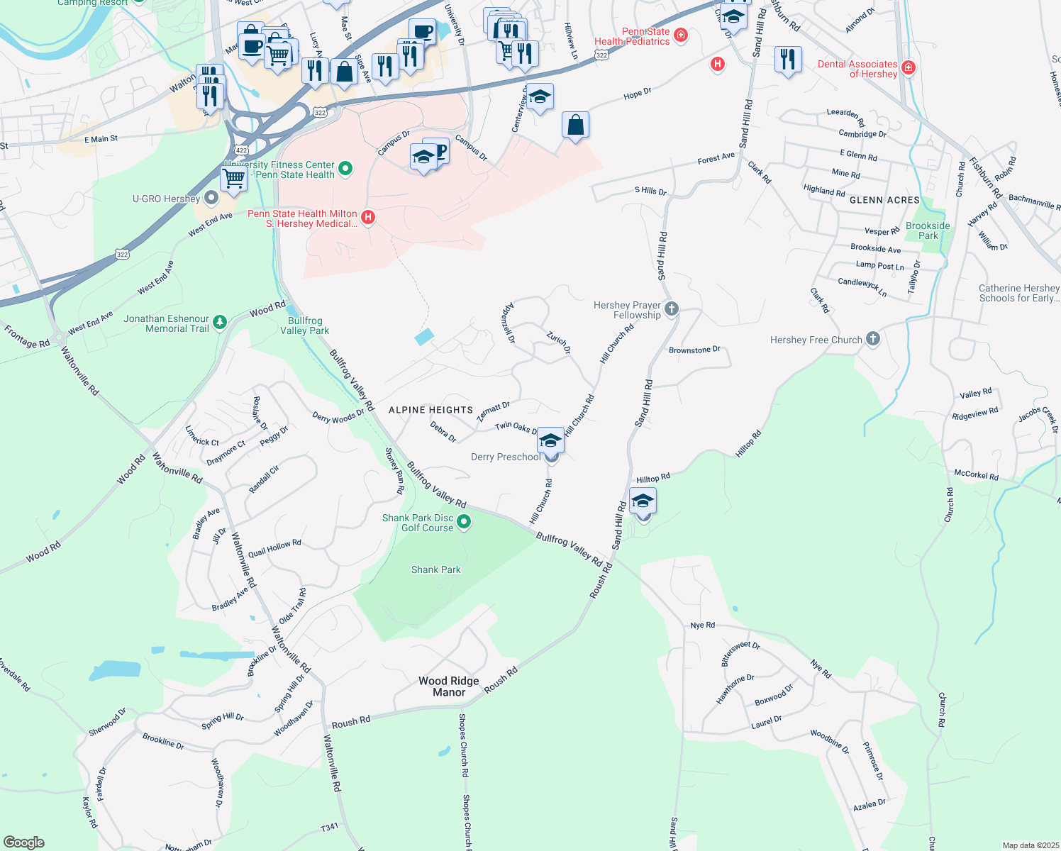 map of restaurants, bars, coffee shops, grocery stores, and more near 821 Twin Oaks Drive in Hummelstown