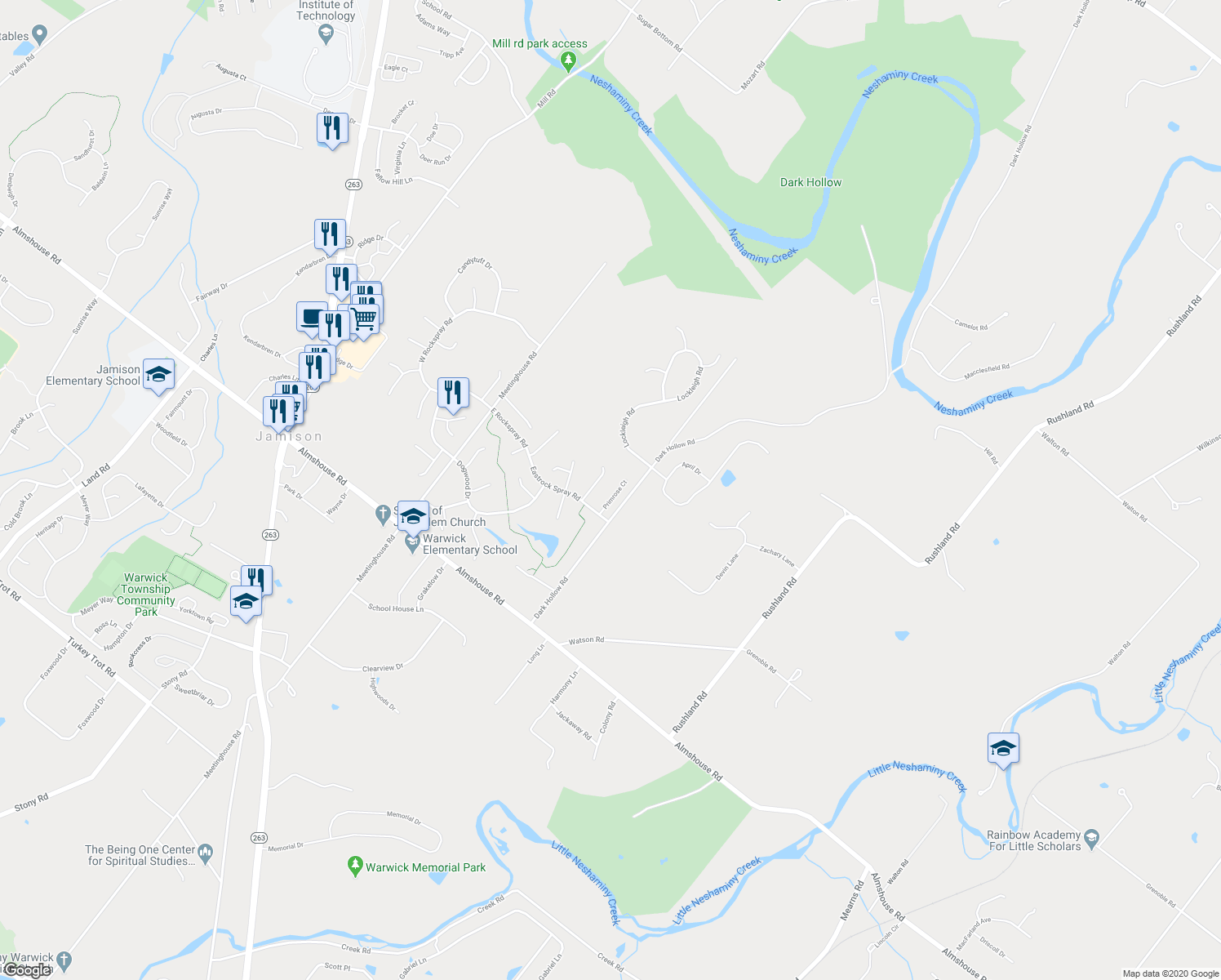 map of restaurants, bars, coffee shops, grocery stores, and more near 2456 Primrose Court in Jamison