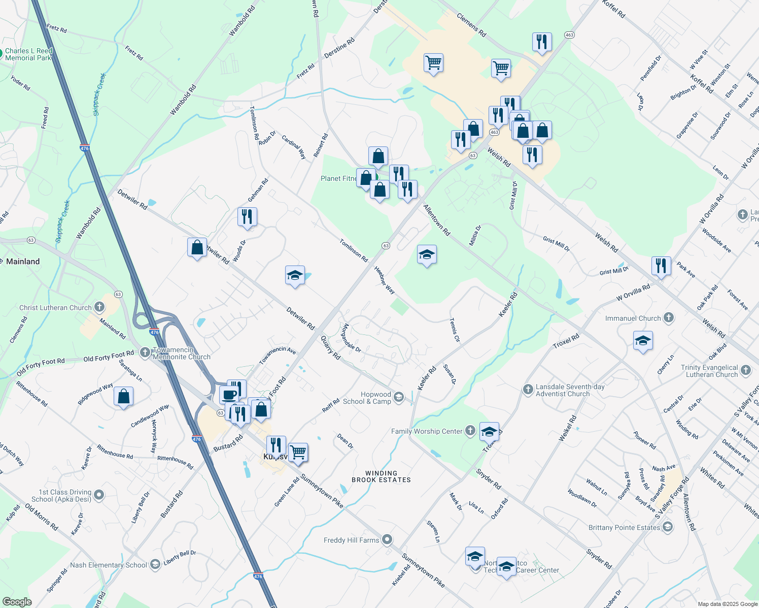 map of restaurants, bars, coffee shops, grocery stores, and more near 2422 Hillock Court in Lansdale