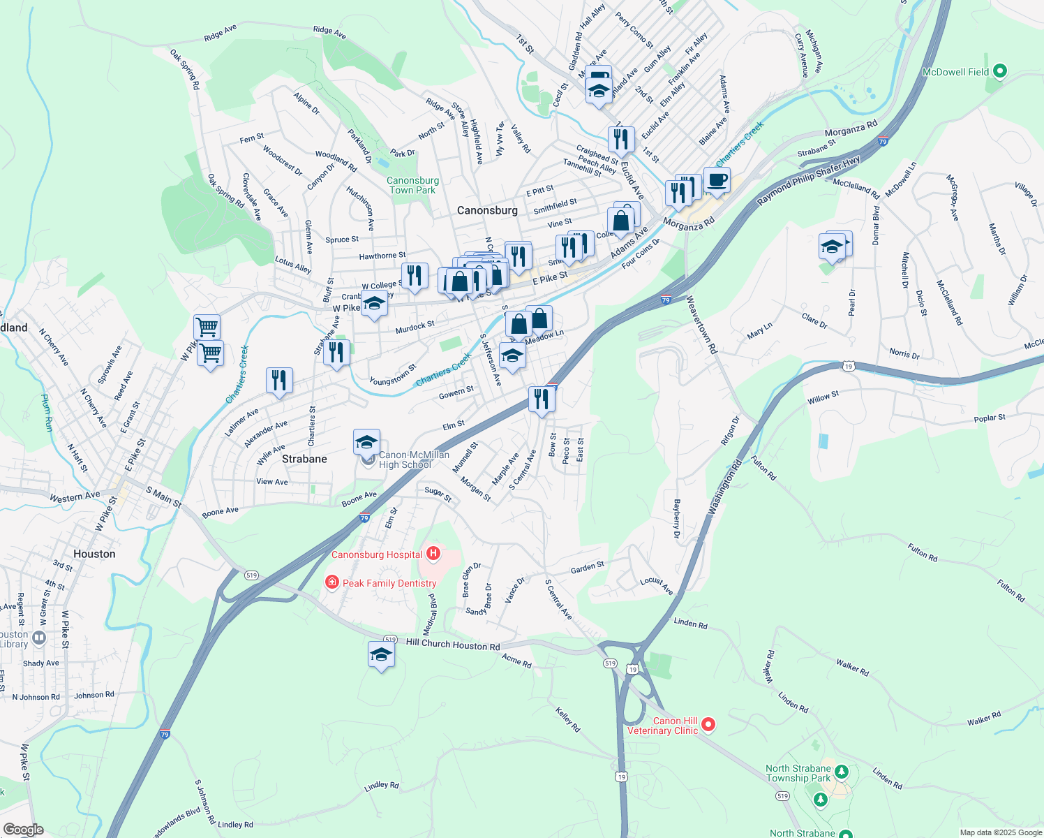 map of restaurants, bars, coffee shops, grocery stores, and more near 27 Munnell St in Canonsburg