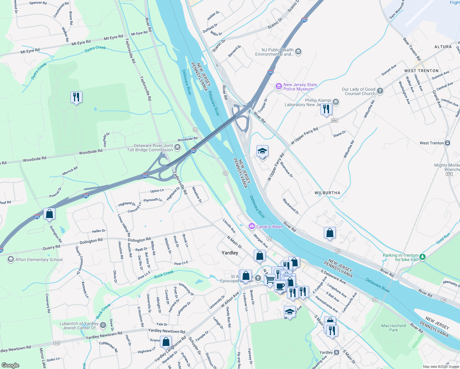 map of restaurants, bars, coffee shops, grocery stores, and more near 1357 North River Road in Morrisville