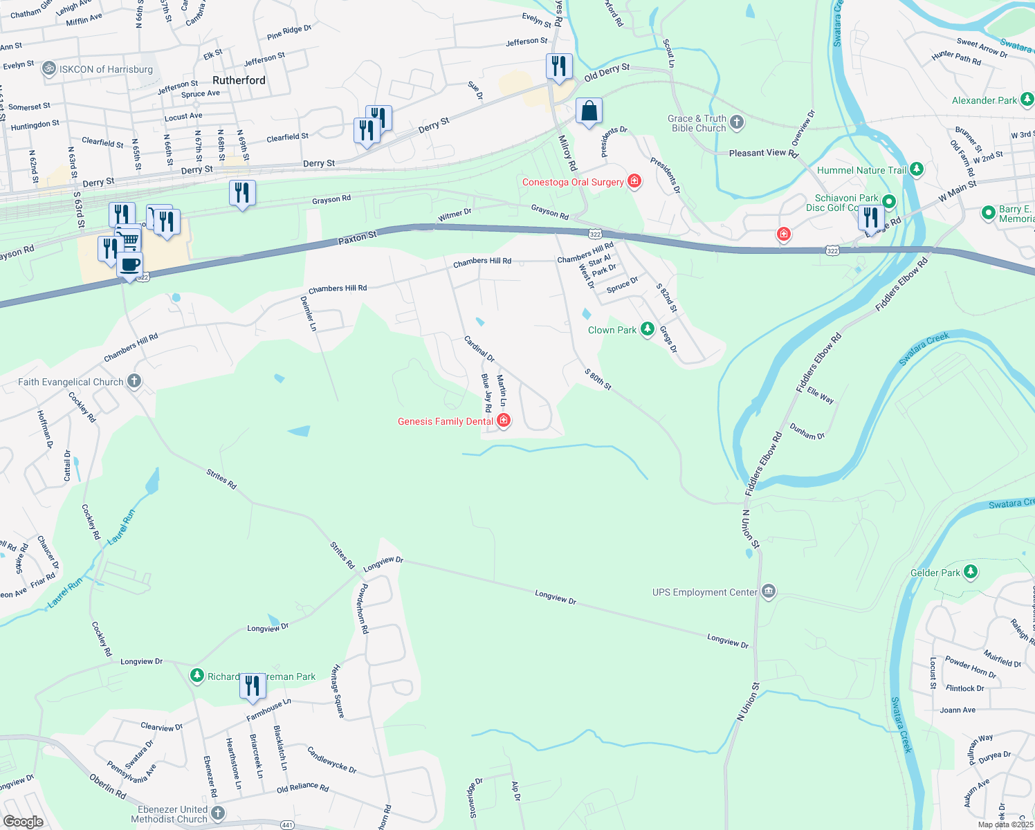 map of restaurants, bars, coffee shops, grocery stores, and more near 891 Lark Drive in Harrisburg