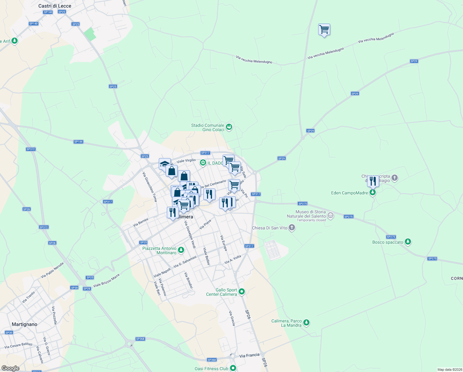 map of restaurants, bars, coffee shops, grocery stores, and more near 5 Via S. Ten. Sprò in Calimera