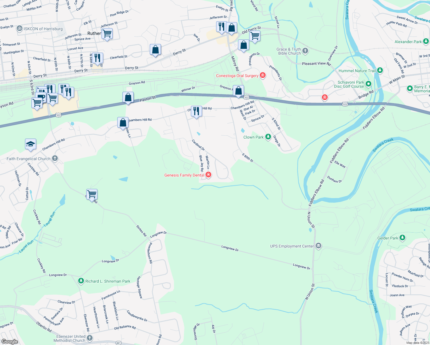 map of restaurants, bars, coffee shops, grocery stores, and more near 891 Lark Drive in Harrisburg