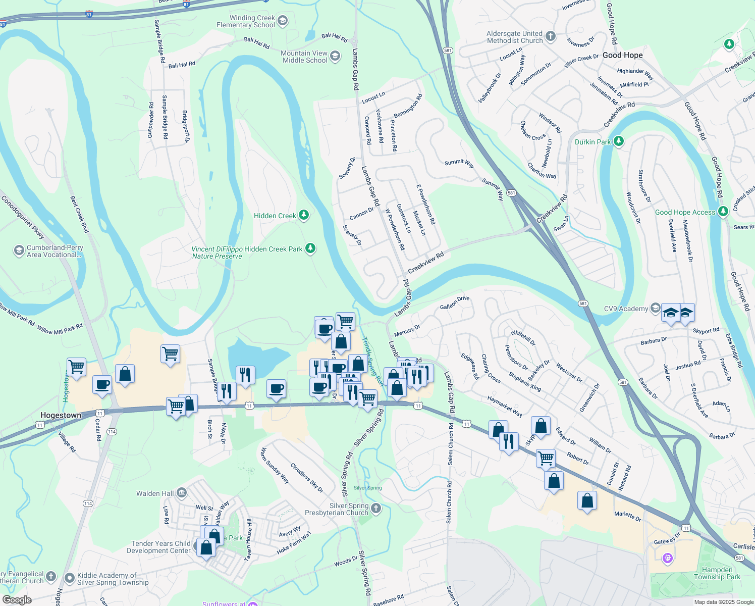 map of restaurants, bars, coffee shops, grocery stores, and more near 1143 Dry Powder Circle in Mechanicsburg