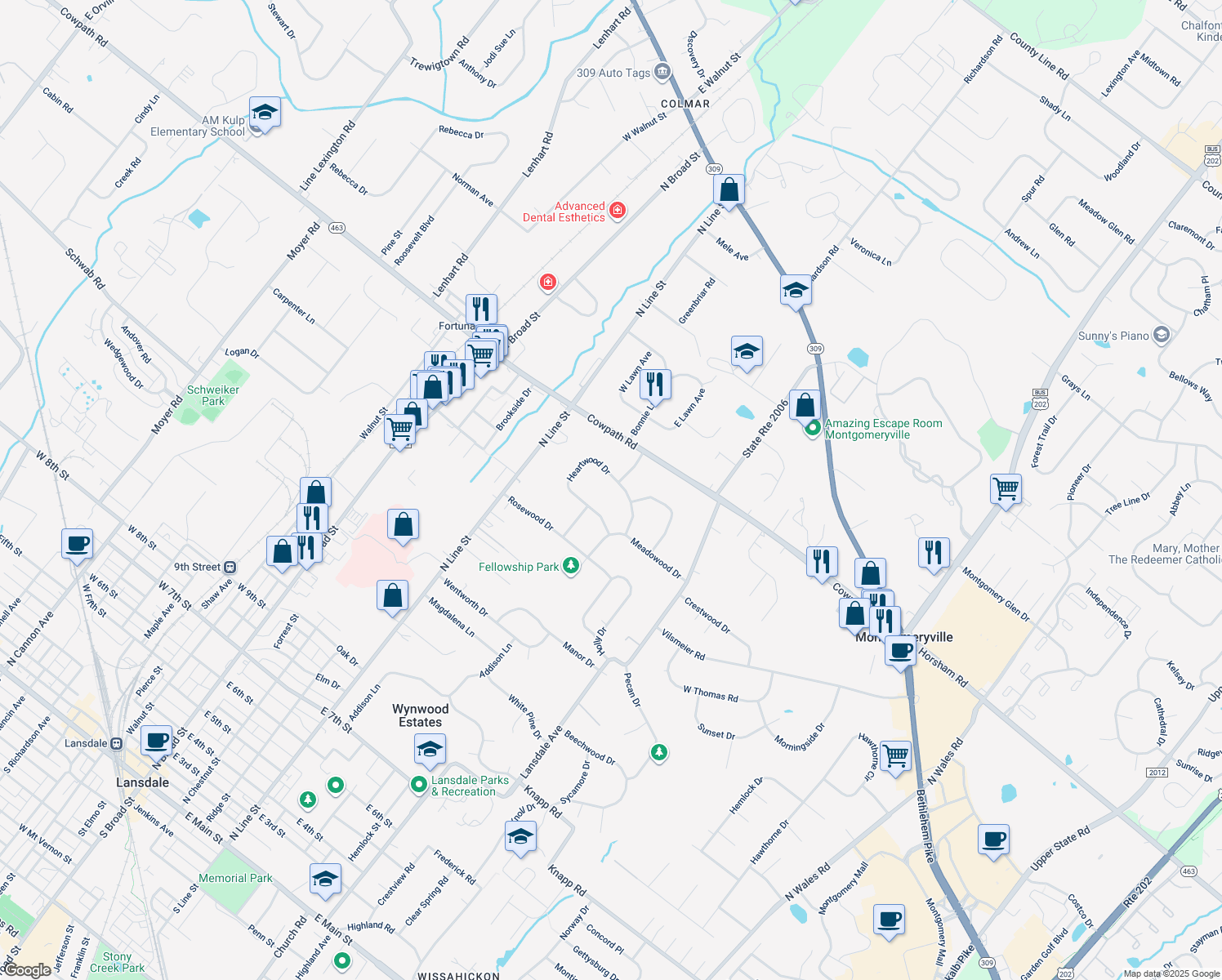 map of restaurants, bars, coffee shops, grocery stores, and more near 111 Heartwood Drive in Lansdale