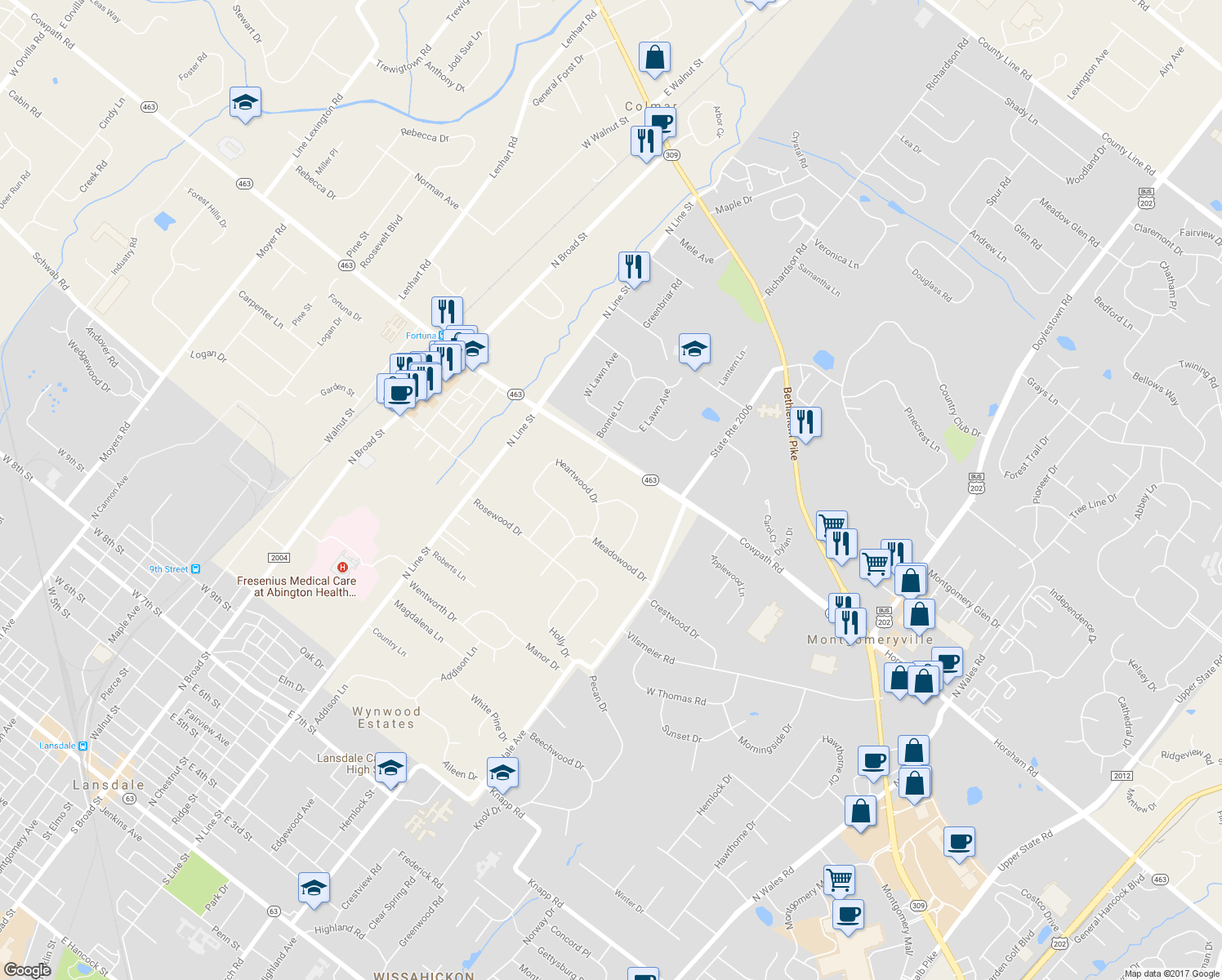 map of restaurants, bars, coffee shops, grocery stores, and more near 124 Knollwood Drive in Lansdale