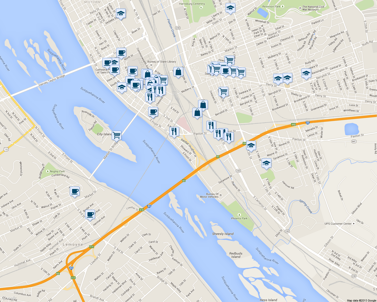 map of restaurants, bars, coffee shops, grocery stores, and more near 607 Showers Street in Harrisburg