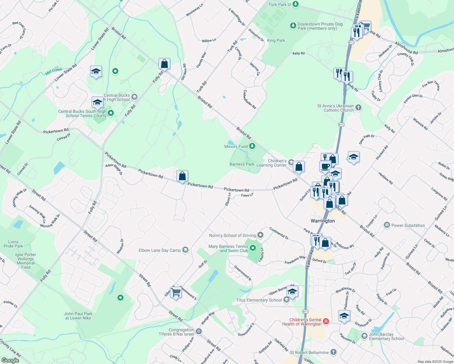 map of restaurants, bars, coffee shops, grocery stores, and more near 102 Lyric Way in Warrington
