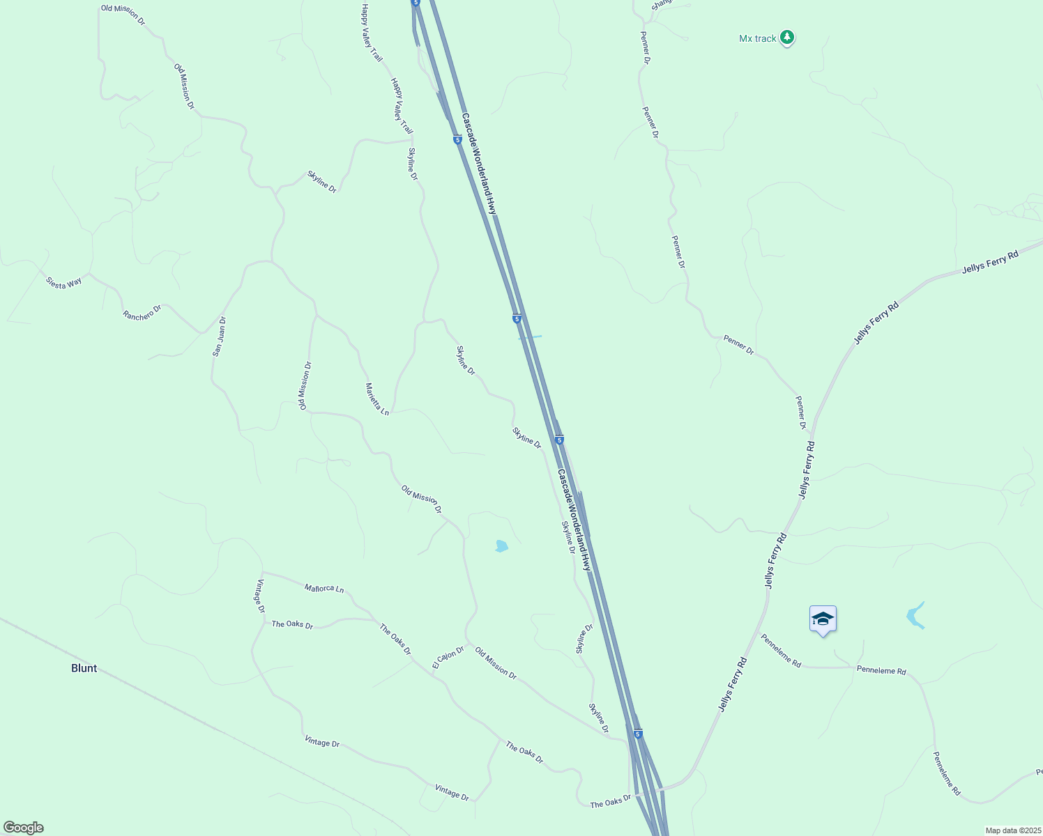 map of restaurants, bars, coffee shops, grocery stores, and more near 15790 Skyline Drive in Red Bluff
