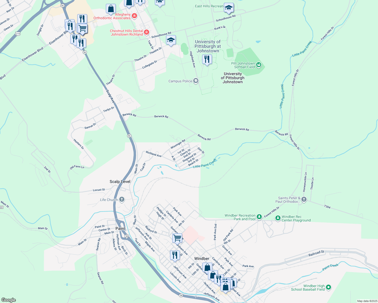 map of restaurants, bars, coffee shops, grocery stores, and more near Cherry St in Windber
