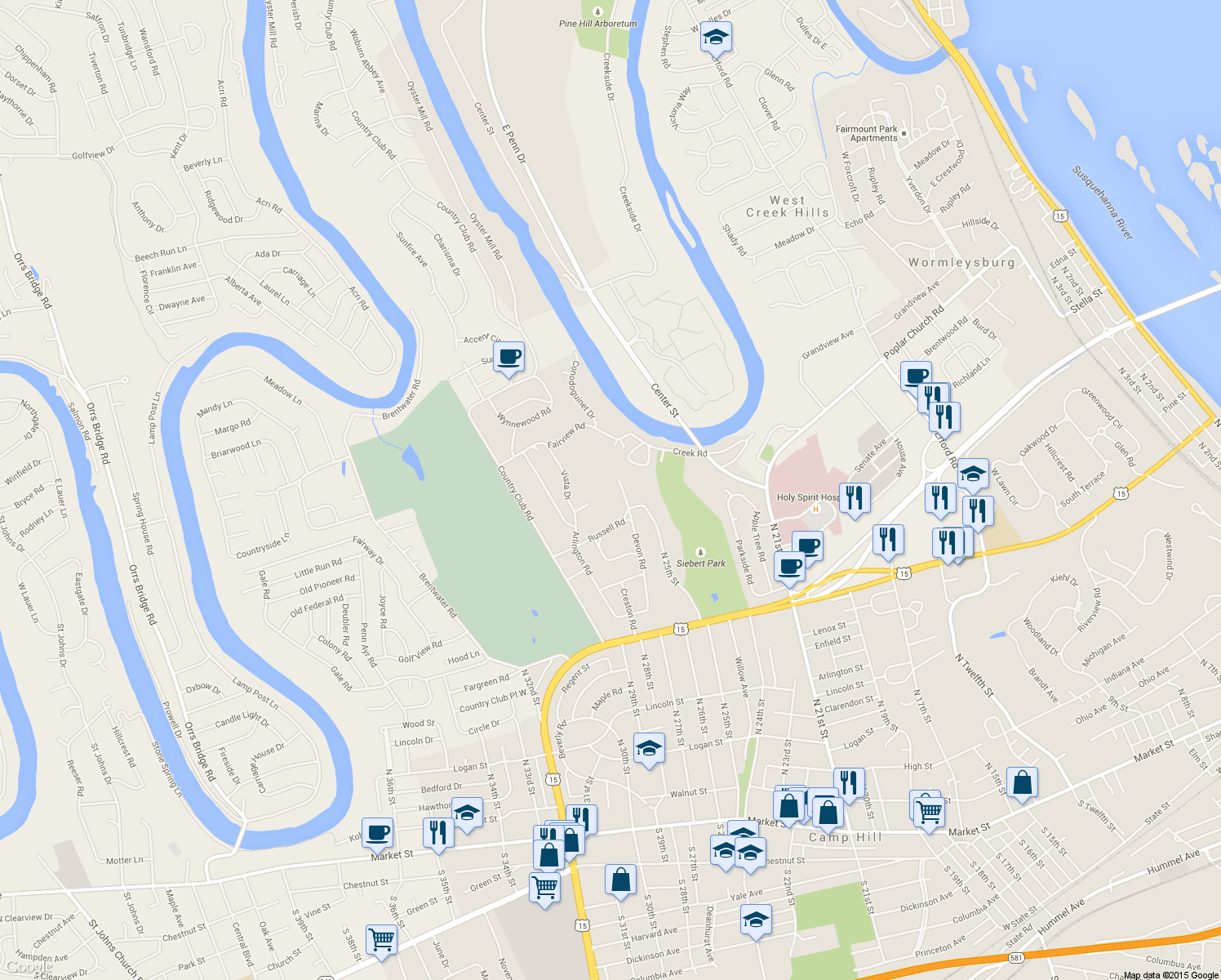 map of restaurants, bars, coffee shops, grocery stores, and more near 624 Devon Rd in Camp Hill