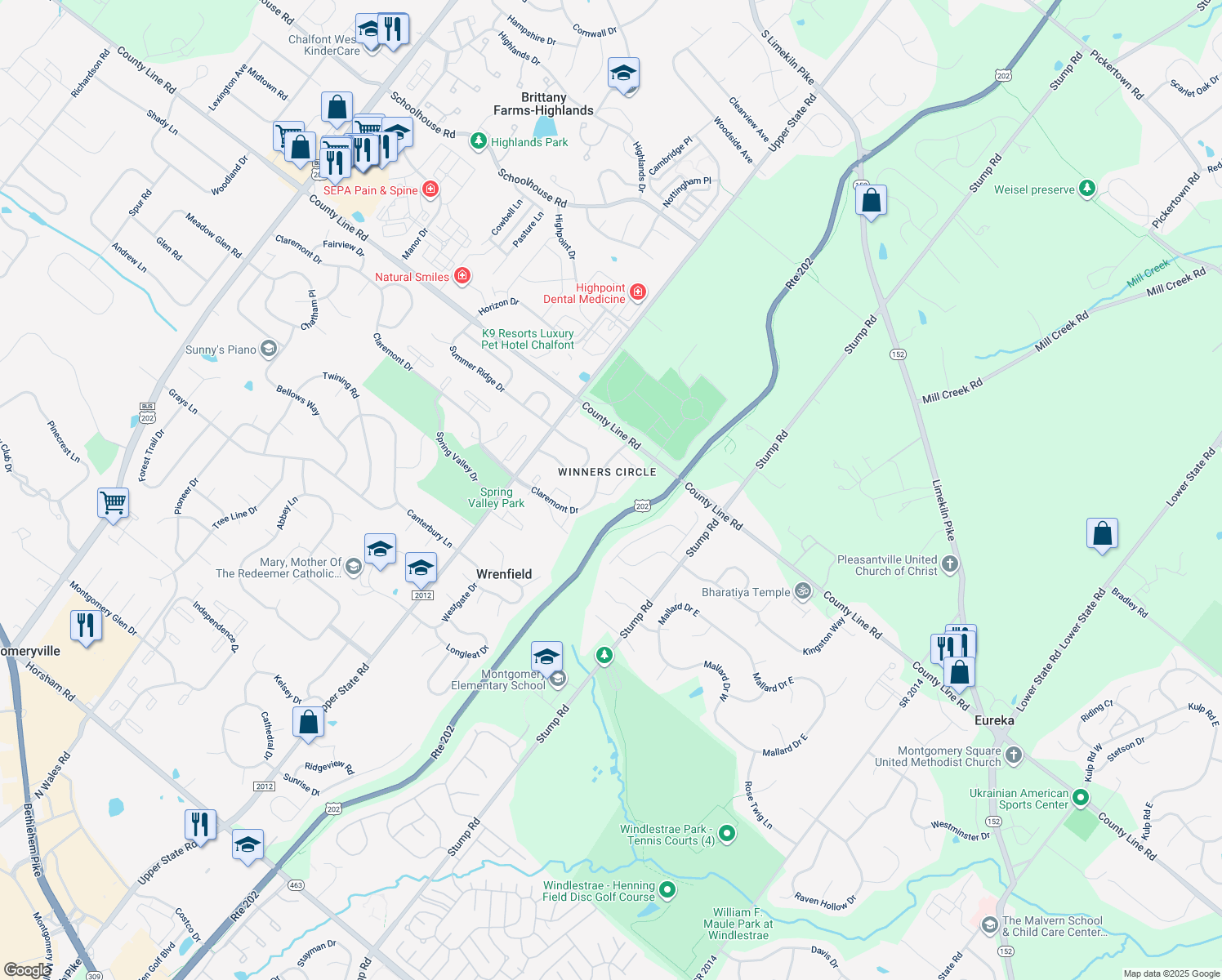 map of restaurants, bars, coffee shops, grocery stores, and more near 111 Santa Anita Drive in North Wales