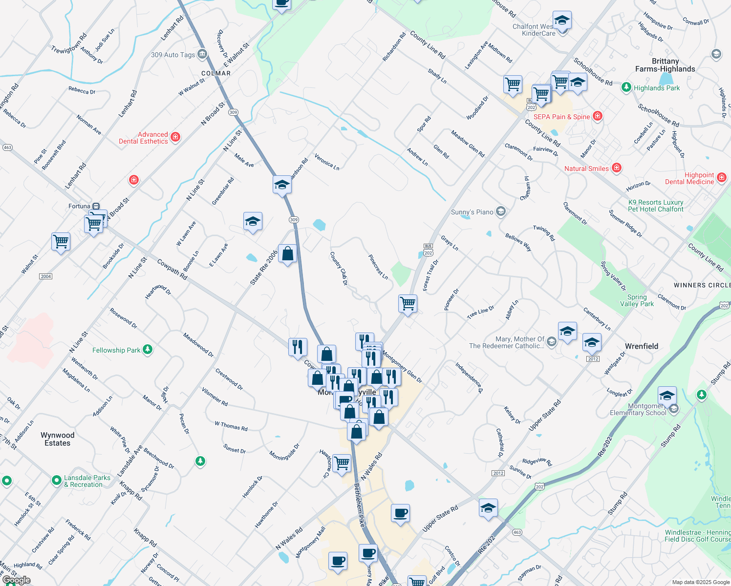 map of restaurants, bars, coffee shops, grocery stores, and more near 443 Country Club Drive in Lansdale
