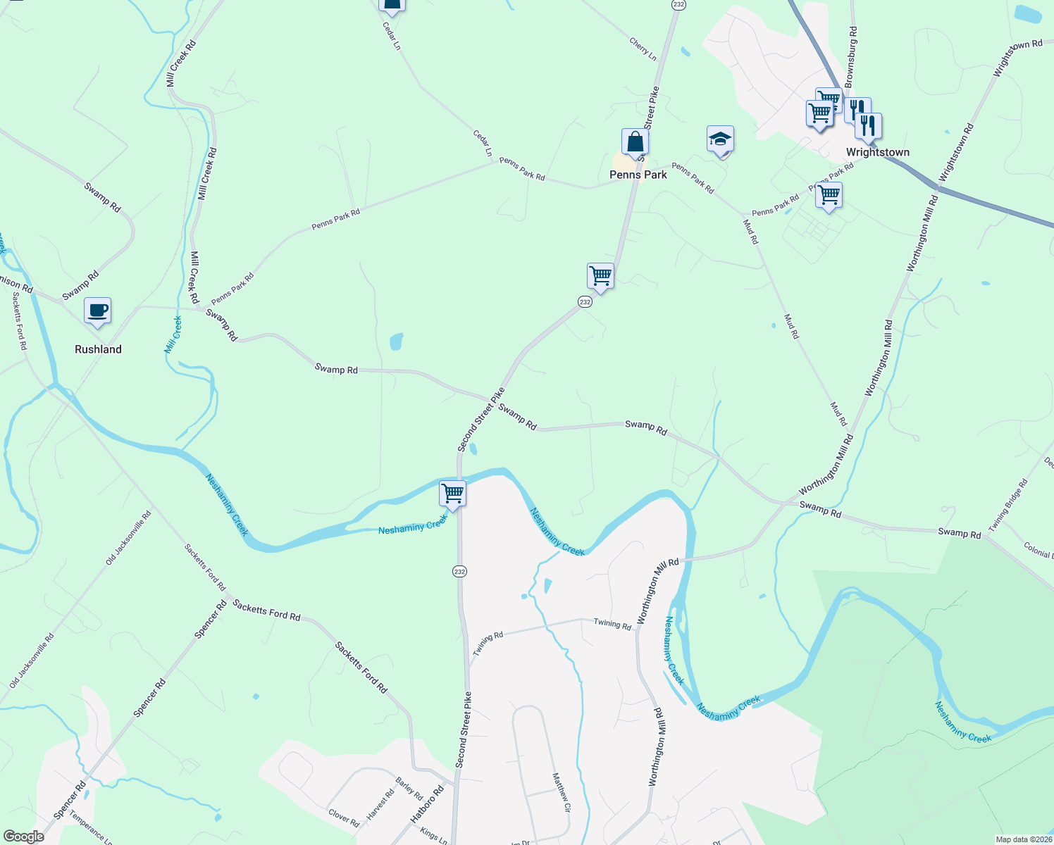 map of restaurants, bars, coffee shops, grocery stores, and more near 765 Swamp Road in Newtown