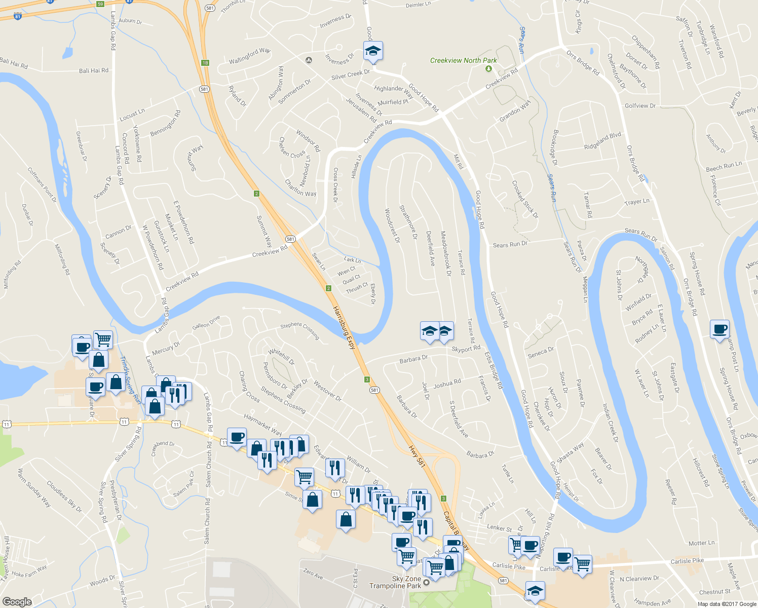 map of restaurants, bars, coffee shops, grocery stores, and more near 5965 Eberly Drive in Mechanicsburg