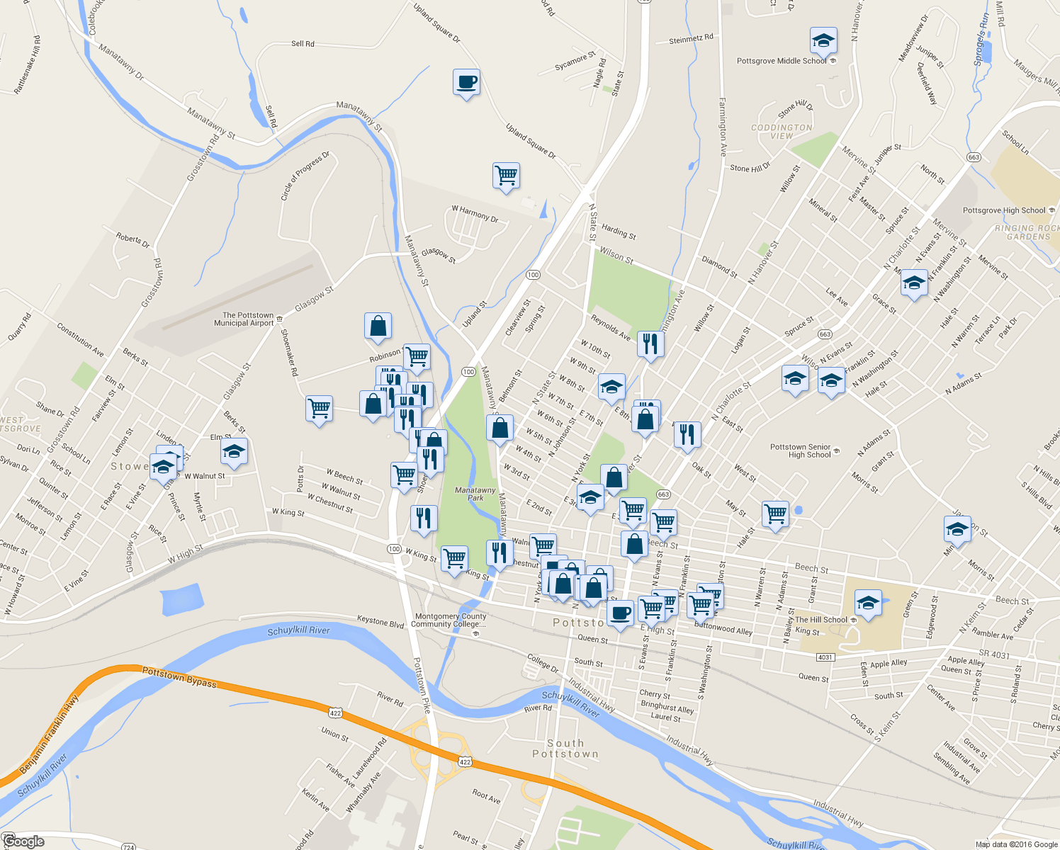 map of restaurants, bars, coffee shops, grocery stores, and more near 55 West 5th Street in Pottstown