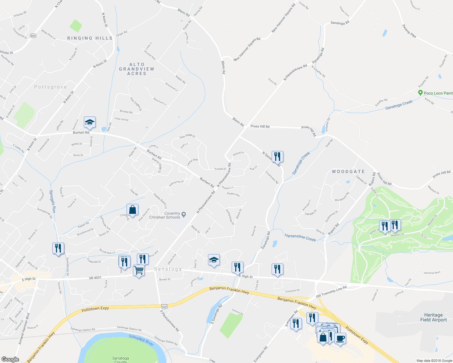 map of restaurants, bars, coffee shops, grocery stores, and more near 1536 North Pleasantview Road in Pottstown