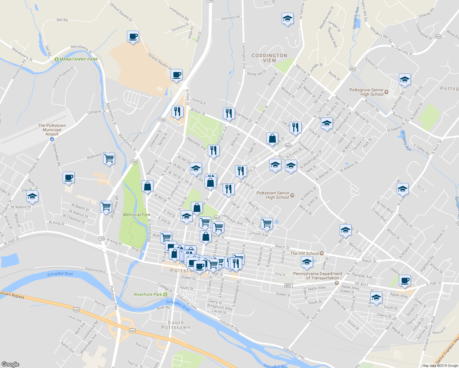 map of restaurants, bars, coffee shops, grocery stores, and more near 516 Spruce Street in Pottstown