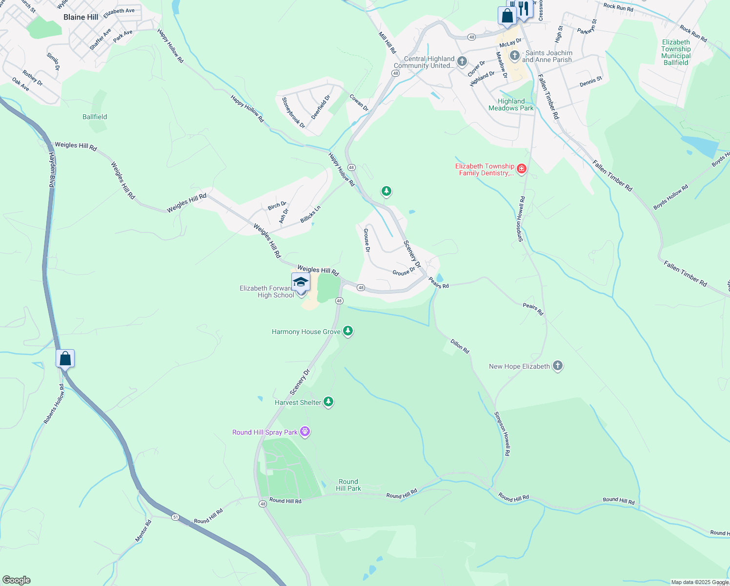 map of restaurants, bars, coffee shops, grocery stores, and more near 1711 Scenery Drive in Elizabeth