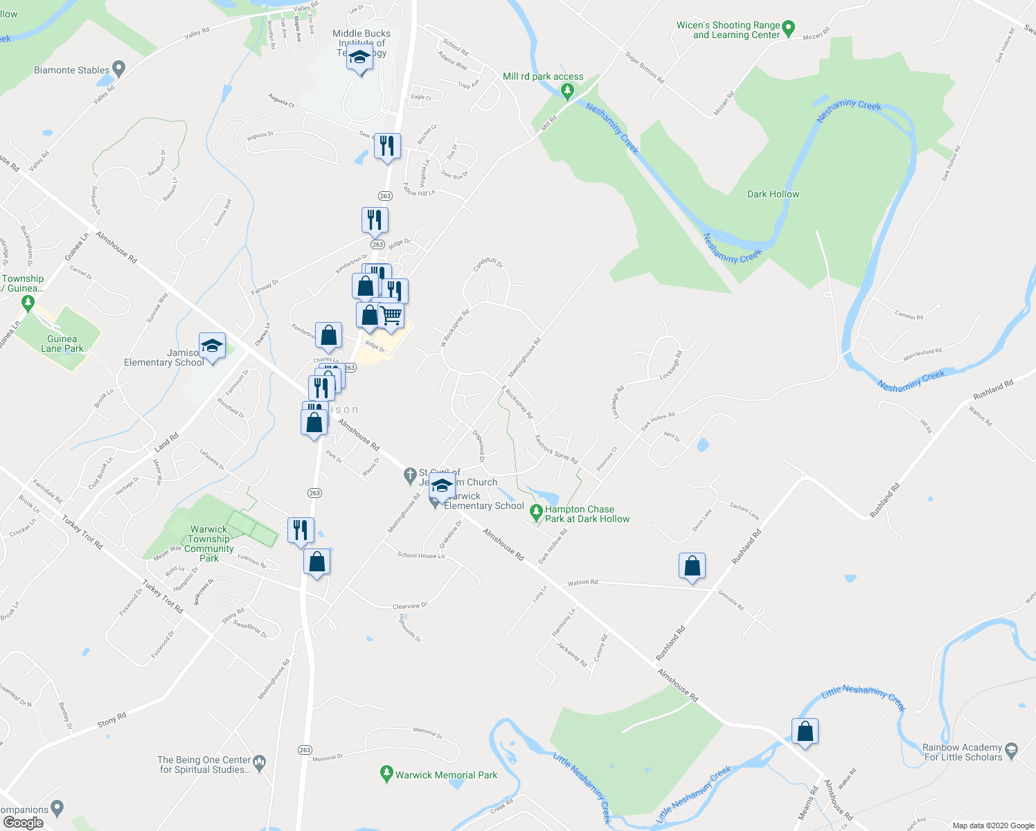 map of restaurants, bars, coffee shops, grocery stores, and more near 2404 Thyme Court in Jamison