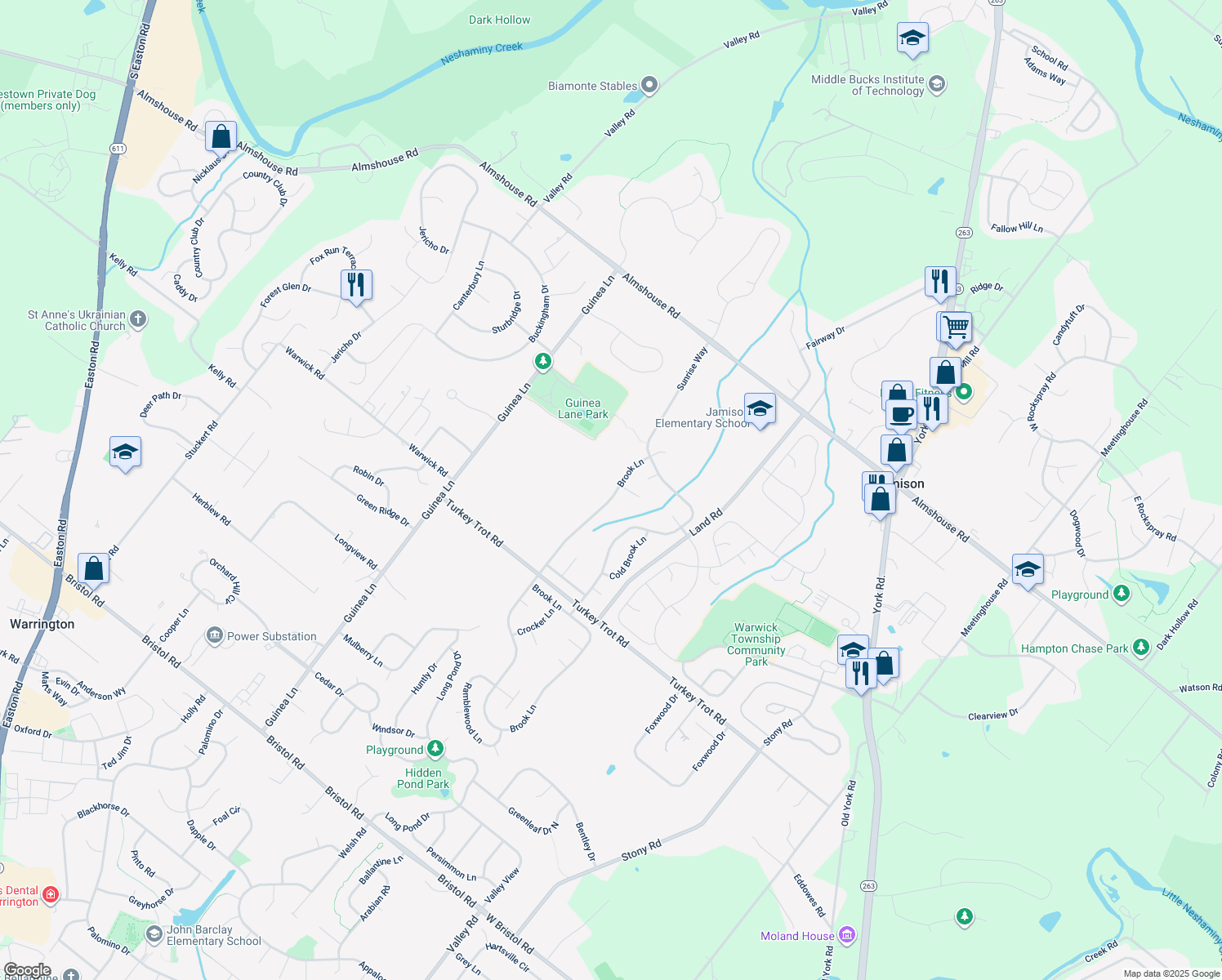 map of restaurants, bars, coffee shops, grocery stores, and more near 1952 Brook Lane in Jamison